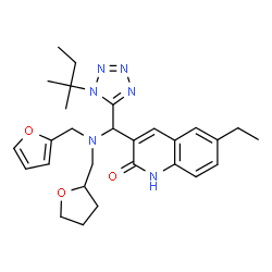 ChemSpider 2D Image | 6-Ethyl-3-{[(2-furylmethyl)(tetrahydro-2-furanylmethyl)amino][1-(2-methyl-2-butanyl)-1H-tetrazol-5-yl]methyl}-2(1H)-quinolinone | C28H36N6O3