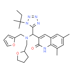 ChemSpider 2D Image | 3-{[(2-Furylmethyl)(tetrahydro-2-furanylmethyl)amino][1-(2-methyl-2-butanyl)-1H-tetrazol-5-yl]methyl}-6,8-dimethyl-2(1H)-quinolinone | C28H36N6O3
