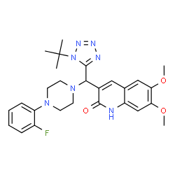 ChemSpider 2D Image | 3-{[4-(2-Fluorophenyl)-1-piperazinyl][1-(2-methyl-2-propanyl)-1H-tetrazol-5-yl]methyl}-6,7-dimethoxy-2(1H)-quinolinone | C27H32FN7O3