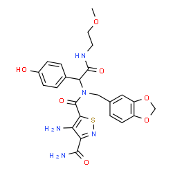 ChemSpider 2D Image | 4-Amino-N~5~-(1,3-benzodioxol-5-ylmethyl)-N~5~-{1-(4-hydroxyphenyl)-2-[(2-methoxyethyl)amino]-2-oxoethyl}-1,2-thiazole-3,5-dicarboxamide | C24H25N5O7S