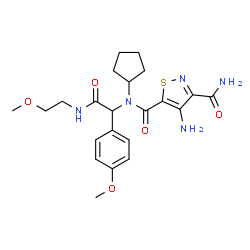 ChemSpider 2D Image | 4-Amino-N~5~-cyclopentyl-N~5~-{2-[(2-methoxyethyl)amino]-1-(4-methoxyphenyl)-2-oxoethyl}-1,2-thiazole-3,5-dicarboxamide | C22H29N5O5S