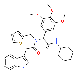 ChemSpider 2D Image | N-[2-(Cyclohexylamino)-2-oxo-1-(3,4,5-trimethoxyphenyl)ethyl]-2-(1H-indol-3-yl)-N-(2-thienylmethyl)acetamide | C32H37N3O5S