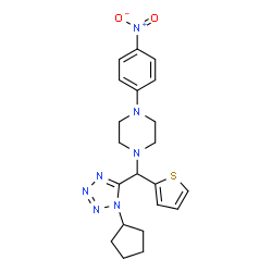 ChemSpider 2D Image | 1-[(1-Cyclopentyl-1H-tetrazol-5-yl)(2-thienyl)methyl]-4-(4-nitrophenyl)piperazine | C21H25N7O2S