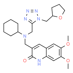 ChemSpider 2D Image | 3-[(Cyclohexyl{[1-(tetrahydro-2-furanylmethyl)-1H-tetrazol-5-yl]methyl}amino)methyl]-6,7-dimethoxy-2(1H)-quinolinone | C25H34N6O4