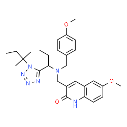 ChemSpider 2D Image | 6-Methoxy-3-{[(4-methoxybenzyl){1-[1-(2-methyl-2-butanyl)-1H-tetrazol-5-yl]propyl}amino]methyl}-2(1H)-quinolinone | C28H36N6O3