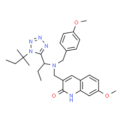 ChemSpider 2D Image | 7-Methoxy-3-{[(4-methoxybenzyl){1-[1-(2-methyl-2-butanyl)-1H-tetrazol-5-yl]propyl}amino]methyl}-2(1H)-quinolinone | C28H36N6O3
