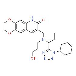 ChemSpider 2D Image | 8-({[1-(1-Cyclohexyl-1H-tetrazol-5-yl)propyl](3-hydroxypropyl)amino}methyl)-2,3-dihydro[1,4]dioxino[2,3-g]quinolin-7(6H)-one | C25H34N6O4