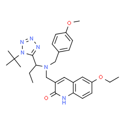 ChemSpider 2D Image | 6-Ethoxy-3-{[(4-methoxybenzyl){1-[1-(2-methyl-2-propanyl)-1H-tetrazol-5-yl]propyl}amino]methyl}-2(1H)-quinolinone | C28H36N6O3