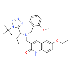 ChemSpider 2D Image | 6-Ethoxy-3-{[(2-methoxybenzyl){1-[1-(2-methyl-2-propanyl)-1H-tetrazol-5-yl]propyl}amino]methyl}-2(1H)-quinolinone | C28H36N6O3