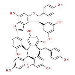 ChemSpider 2D Image | (1S,6R,11bS)-6-{5-[(7S,8S)-8-(3,5-Dihydroxyphenyl)-4-hydroxy-7-(4-hydroxyphenyl)-7,8-dihydrofuro[3,2-e][1]benzofuran-2-yl]-2-hydroxyphenyl}-1,7-bis(4-hydroxyphenyl)-1,6,7,11b-tetrahydro-2-oxadibenzo[cd,h]azulene-4,8,10-triol | C56H40O13