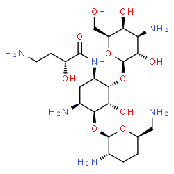 ChemSpider 2D Image | (2R)-4-Amino-N-{(1R,2S,3R,4S,5S)-5-amino-2-[(3-amino-3-deoxy-beta-L-galactopyranosyl)oxy]-4-[(2,6-diamino-2,3,4,6-tetradeoxy-beta-L-erythro-hexopyranosyl)oxy]-3-hydroxycyclohexyl}-2-hydroxybutanamide | C22H44N6O10