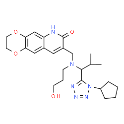 ChemSpider 2D Image | 8-({[1-(1-Cyclopentyl-1H-tetrazol-5-yl)-2-methylpropyl](3-hydroxypropyl)amino}methyl)-2,3-dihydro[1,4]dioxino[2,3-g]quinolin-7(6H)-one | C25H34N6O4