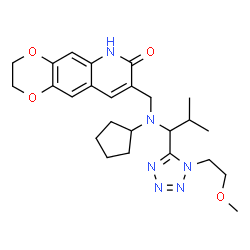 ChemSpider 2D Image | 8-[(Cyclopentyl{1-[1-(2-methoxyethyl)-1H-tetrazol-5-yl]-2-methylpropyl}amino)methyl]-2,3-dihydro[1,4]dioxino[2,3-g]quinolin-7(6H)-one | C25H34N6O4
