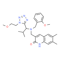 ChemSpider 2D Image | 3-{[(2-Methoxybenzyl){1-[1-(2-methoxyethyl)-1H-tetrazol-5-yl]-2-methylpropyl}amino]methyl}-6,7-dimethyl-2(1H)-quinolinone | C28H36N6O3