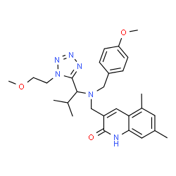 ChemSpider 2D Image | 3-{[(4-Methoxybenzyl){1-[1-(2-methoxyethyl)-1H-tetrazol-5-yl]-2-methylpropyl}amino]methyl}-5,7-dimethyl-2(1H)-quinolinone | C28H36N6O3
