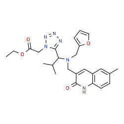 ChemSpider 2D Image | Ethyl [5-(1-{(2-furylmethyl)[(6-methyl-2-oxo-1,2-dihydro-3-quinolinyl)methyl]amino}-2-methylpropyl)-1H-tetrazol-1-yl]acetate | C25H30N6O4