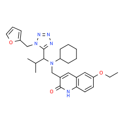 ChemSpider 2D Image | 3-[(Cyclohexyl{1-[1-(2-furylmethyl)-1H-tetrazol-5-yl]-2-methylpropyl}amino)methyl]-6-ethoxy-2(1H)-quinolinone | C28H36N6O3