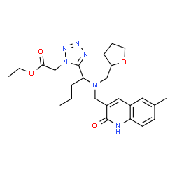 ChemSpider 2D Image | Ethyl [5-(1-{[(6-methyl-2-oxo-1,2-dihydro-3-quinolinyl)methyl](tetrahydro-2-furanylmethyl)amino}butyl)-1H-tetrazol-1-yl]acetate | C25H34N6O4