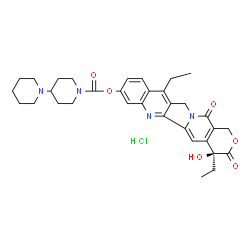 ChemSpider 2D Image | (4S)-4,11-Diethyl-4-hydroxy-3,14-dioxo-3,4,12,14-tetrahydro-1H-pyrano[3',4':6,7]indolizino[1,2-b]quinolin-8-yl 1,4'-bipiperidine-1'-carboxylate hydrochloride (1:1) | C33H39ClN4O6