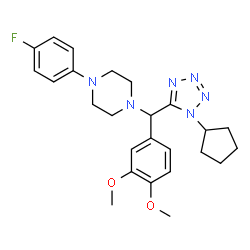 ChemSpider 2D Image | 1-[(1-Cyclopentyl-1H-tetrazol-5-yl)(3,4-dimethoxyphenyl)methyl]-4-(4-fluorophenyl)piperazine | C25H31FN6O2