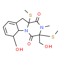 ChemSpider 2D Image | 6-Hydroxy-3-(hydroxymethyl)-2-methyl-3,10a-bis(methylsulfanyl)-2,3,5a,6,10,10a-hexahydropyrazino[1,2-a]indole-1,4-dione | C15H20N2O4S2