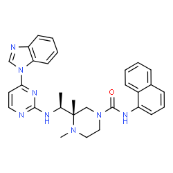 ChemSpider 2D Image | (3S)-3-[(1S)-1-{[4-(1H-Benzimidazol-1-yl)-2-pyrimidinyl]amino}ethyl]-3,4-dimethyl-N-(1-naphthyl)-1-piperazinecarboxamide | C30H32N8O
