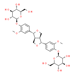 ChemSpider 2D Image | 4-{(1R,3aS,4R,6aS)-4-[4-(beta-D-Glucopyranosyloxy)-3-methoxyphenyl]tetrahydro-1H,3H-furo[3,4-c]furan-1-yl}-2-methoxyphenyl beta-D-glucopyranoside | C32H42O16