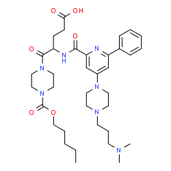 ChemSpider 2D Image | 4-{[(4-{4-[3-(Dimethylamino)propyl]-1-piperazinyl}-6-phenyl-2-pyridinyl)carbonyl]amino}-5-oxo-5-{4-[(pentyloxy)carbonyl]-1-piperazinyl}pentanoic acid | C36H53N7O6