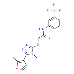 ChemSpider 2D Image | 2-{[4-Methyl-5-(2-methyl-3-furyl)-4H-1,2,4-triazol-3-yl]sulfanyl}-N-[3-(trifluoromethyl)phenyl]acetamide | C17H15F3N4O2S