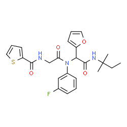 ChemSpider 2D Image | N-{2-[(3-Fluorophenyl){1-(2-furyl)-2-[(2-methyl-2-butanyl)amino]-2-oxoethyl}amino]-2-oxoethyl}-2-thiophenecarboxamide | C24H26FN3O4S