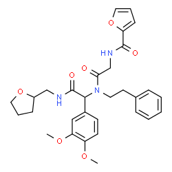 ChemSpider 2D Image | N-{2-[{1-(3,4-Dimethoxyphenyl)-2-oxo-2-[(tetrahydro-2-furanylmethyl)amino]ethyl}(2-phenylethyl)amino]-2-oxoethyl}-2-furamide | C30H35N3O7