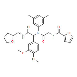 ChemSpider 2D Image | N-{2-[{1-(3,4-Dimethoxyphenyl)-2-oxo-2-[(tetrahydro-2-furanylmethyl)amino]ethyl}(3,5-dimethylphenyl)amino]-2-oxoethyl}-2-furamide | C30H35N3O7