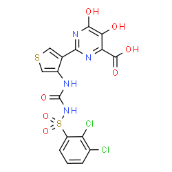ChemSpider 2D Image | 2-[4-({[(2,3-Dichlorophenyl)sulfonyl]carbamoyl}amino)-3-thienyl]-5,6-dihydroxy-4-pyrimidinecarboxylic acid | C16H10Cl2N4O7S2