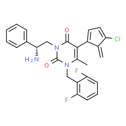 ChemSpider 2D Image | 3-[(2R)-2-Amino-2-phenylethyl]-5-(4-chloro-5-methylene-1,3-cyclopentadien-1-yl)-1-(2,6-difluorobenzyl)-6-methyl-2,4(1H,3H)-pyrimidinedione | C26H22ClF2N3O2