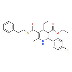 ChemSpider 2D Image | Ethyl 4-ethyl-2-(4-fluorophenyl)-6-methyl-5-{[(2-phenylethyl)sulfanyl]carbonyl}-1,4-dihydro-3-pyridinecarboxylate | C26H28FNO3S