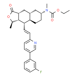 ChemSpider 2D Image | Ethyl [(1R,3aR,4aR,6R,8aR,9S,9aS)-9-{(E)-2-[5-(3-fluorophenyl)-2-pyridinyl]vinyl}-1-methyl-3-oxododecahydronaphtho[2,3-c]furan-6-yl]methylcarbamate | C30H35FN2O4