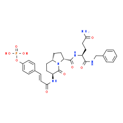 ChemSpider 2D Image | 4-[(1E)-3-{[(3R,6S,8aR)-3-{[(2S)-5-Amino-1-(benzylamino)-1,5-dioxo-2-pentanyl]carbamoyl}-5-oxooctahydro-6-indolizinyl]amino}-3-oxo-1-propen-1-yl]phenyl dihydrogen phosphate | C30H36N5O9P
