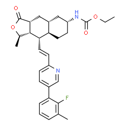 ChemSpider 2D Image | Ethyl [(1R,3aR,4aR,6R,8aR,9S,9aS)-9-{(E)-2-[5-(2-fluoro-3-methylphenyl)-2-pyridinyl]vinyl}-1-methyl-3-oxododecahydronaphtho[2,3-c]furan-6-yl]carbamate | C30H35FN2O4