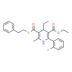 ChemSpider 2D Image | Ethyl 4-ethyl-2-(2-fluorophenyl)-6-methyl-5-{[(2-phenylethyl)sulfanyl]carbonyl}-1,4-dihydro-3-pyridinecarboxylate | C26H28FNO3S