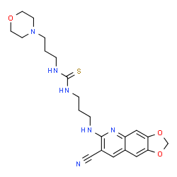 ChemSpider 2D Image | 1-{3-[(7-Cyano[1,3]dioxolo[4,5-g]quinolin-6-yl)amino]propyl}-3-[3-(4-morpholinyl)propyl]thiourea | C22H28N6O3S