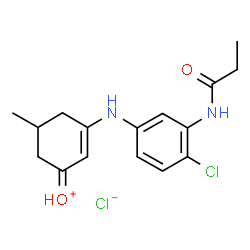 ChemSpider 2D Image | (3-{[4-Chloro-3-(propionylamino)phenyl]amino}-5-methyl-2-cyclohexen-1-ylidene)oxonium chloride | C16H20Cl2N2O2