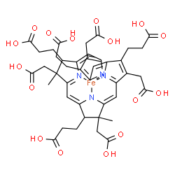 ChemSpider 2D Image | {3,3',3'',3'''-[3,8,13,17-Tetrakis(carboxymethyl)-8,13-dimethyl-7,8,12,13-tetrahydroporphyrin-2,7,12,18-tetrayl-kappa~4~N~21~,N~22~,N~23~,N~24~]tetrapropanoato(2-)}iron | C42H44FeN4O16