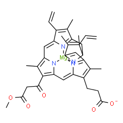 ChemSpider 2D Image | {3-[18-(3-Methoxy-3-oxopropanoyl)-3,7,12,17-tetramethyl-8,13-divinyl-2-porphyrinyl-kappa~4~N~21~,N~22~,N~23~,N~24~]propanoato(3-)}magnesate(1-) | C35H31MgN4O5