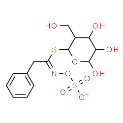 ChemSpider 2D Image | ({[(Z)-(2-Phenyl-1-{[4,5,6-trihydroxy-3-(hydroxymethyl)tetrahydro-2H-pyran-2-yl]sulfanyl}ethylidene)amino]oxy}sulfonyl)oxidanide | C14H18NO9S2