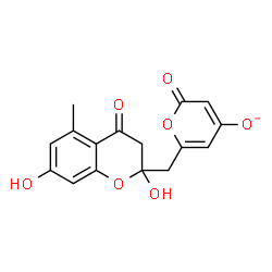 ChemSpider 2D Image | 6-[(2,7-Dihydroxy-5-methyl-4-oxo-3,4-dihydro-2H-chromen-2-yl)methyl]-2-oxo-2H-pyran-4-olate | C16H13O7
