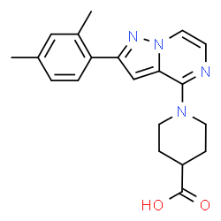 ChemSpider 2D Image | 1-[2-(2,4-Dimethylphenyl)pyrazolo[1,5-a]pyrazin-4-yl]-4-piperidinecarboxylic acid | C20H22N4O2