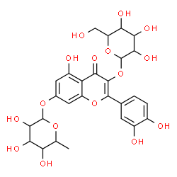 ChemSpider 2D Image | 2-(3,4-Dihydroxyphenyl)-3-(hexopyranosyloxy)-5-hydroxy-4-oxo-4H-chromen-7-yl 6-deoxyhexopyranoside | C27H30O16