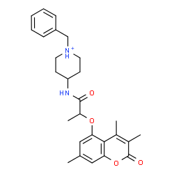 ChemSpider 2D Image | 1-Benzyl-4-({2-[(3,4,7-trimethyl-2-oxo-2H-chromen-5-yl)oxy]propanoyl}amino)piperidinium | C27H33N2O4