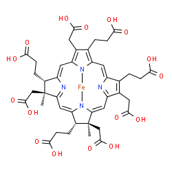 ChemSpider 2D Image | {3,3',3'',3'''-[(7S,8S,12S,13S)-3,8,13,17-Tetrakis(carboxymethyl)-8,13-dimethyl-7,8,12,13-tetrahydroporphyrin-2,7,12,18-tetrayl-kappa~2~N~21~,N~23~]tetrapropanoato(2-)}iron | C42H44FeN4O16