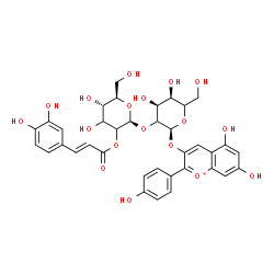 ChemSpider 2D Image | 5,7-Dihydroxy-2-(4-hydroxyphenyl)-3-chromeniumyl 2-O-{2-O-[(2E)-3-(3,4-dihydroxyphenyl)-2-propenoyl]-beta-D-erythro-hexopyranosyl}-alpha-L-erythro-hexopyranoside | C36H37O18